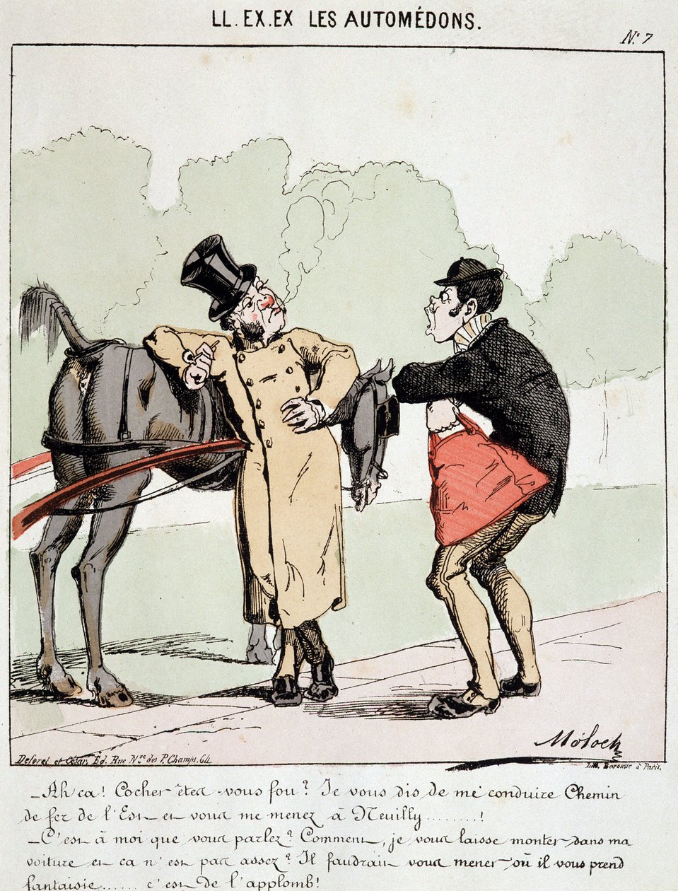 HE. EX. EX. Motoredons: Caricature du transport en ville. Un bourgeois qui a demandé au cocher de le conduire à la Gare de l