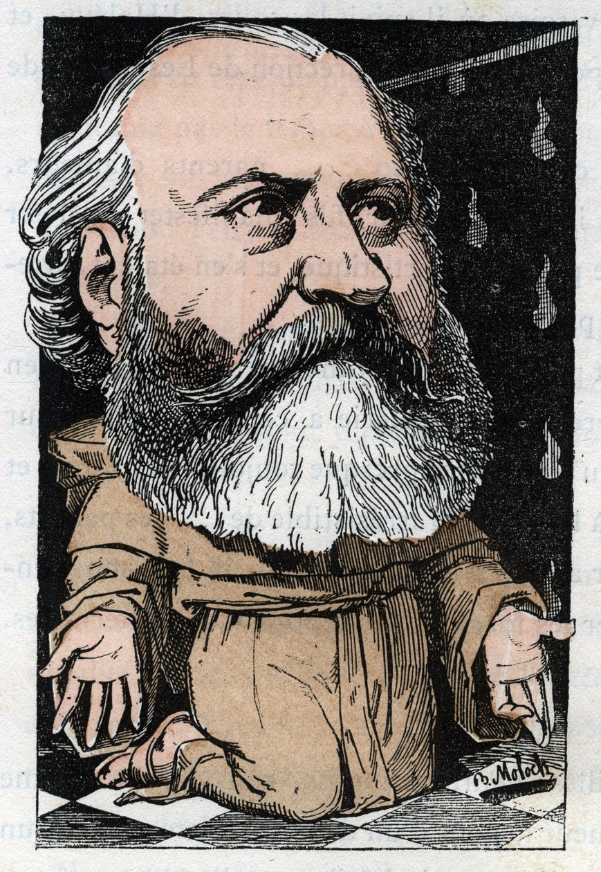 Portrait de Charles Gounod (1818-1893), compositeur français dans "Le Trombinoscope" par Touchatout, caricature de B. Moloch de 1882 (1849-1909). Collection privée. - Moloch