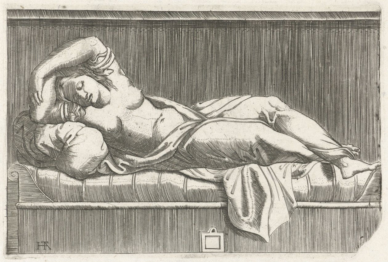 Cléopâtre à moitié nue allongée sur un lit - Monogrammist HTA