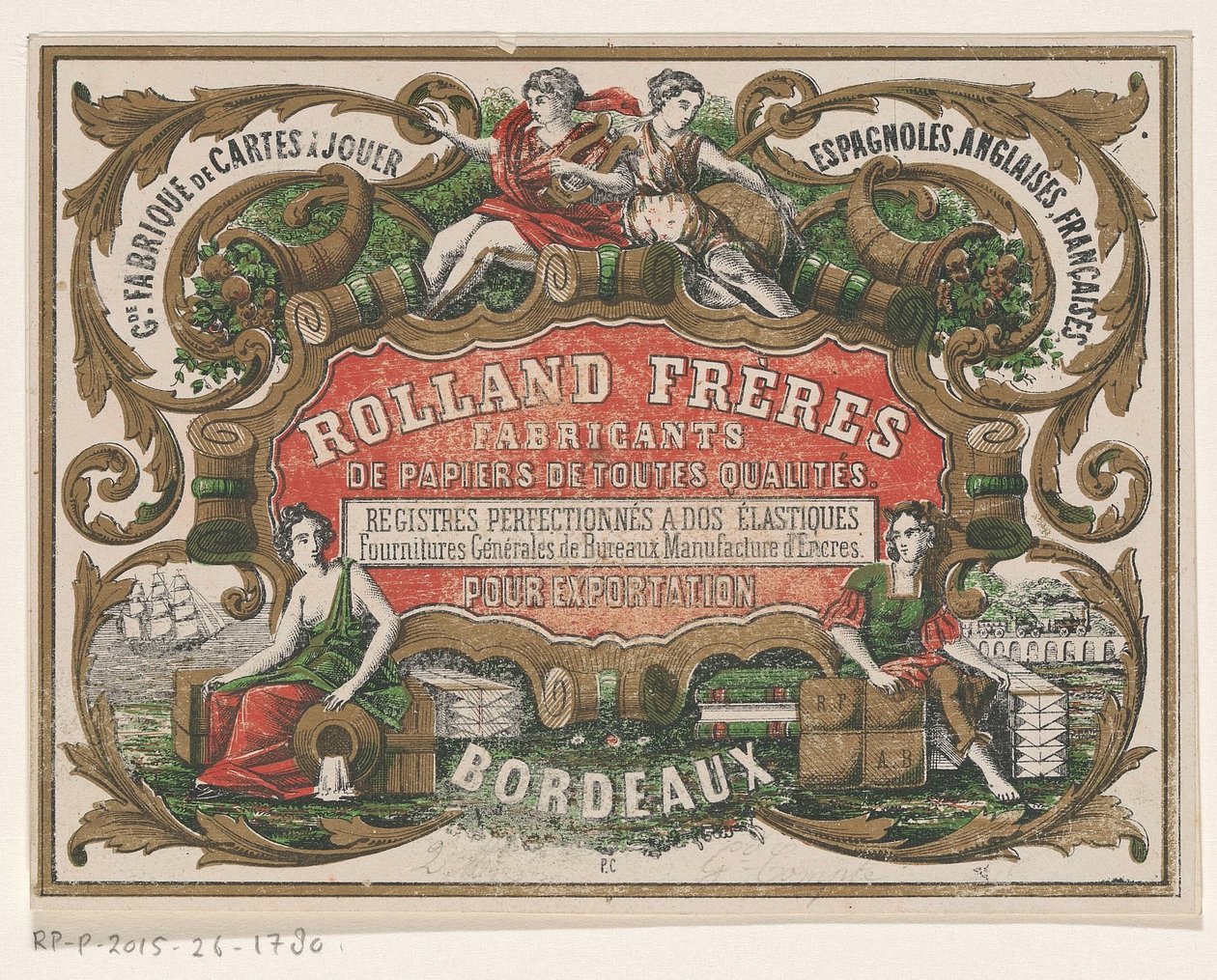 Carte de visite de Rolland Frères, fabricant de papier à Bordeaux - Monogrammist PC (lithograaf)
