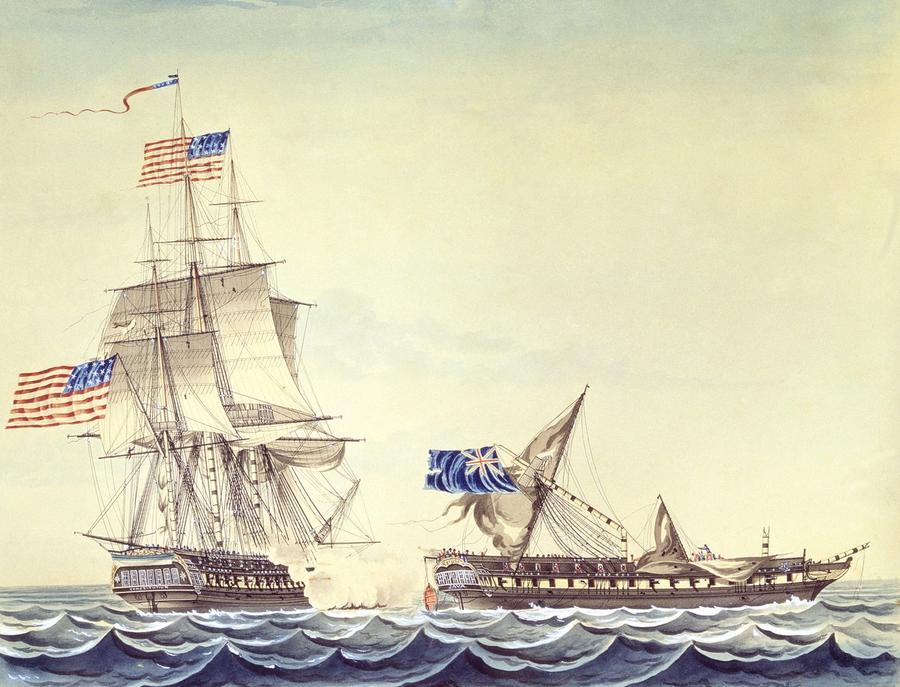 Engagement naval entre la frégate américaine Constitution et la frégate H.M. Java (aquarelle sur papier) - Montardier Montardier