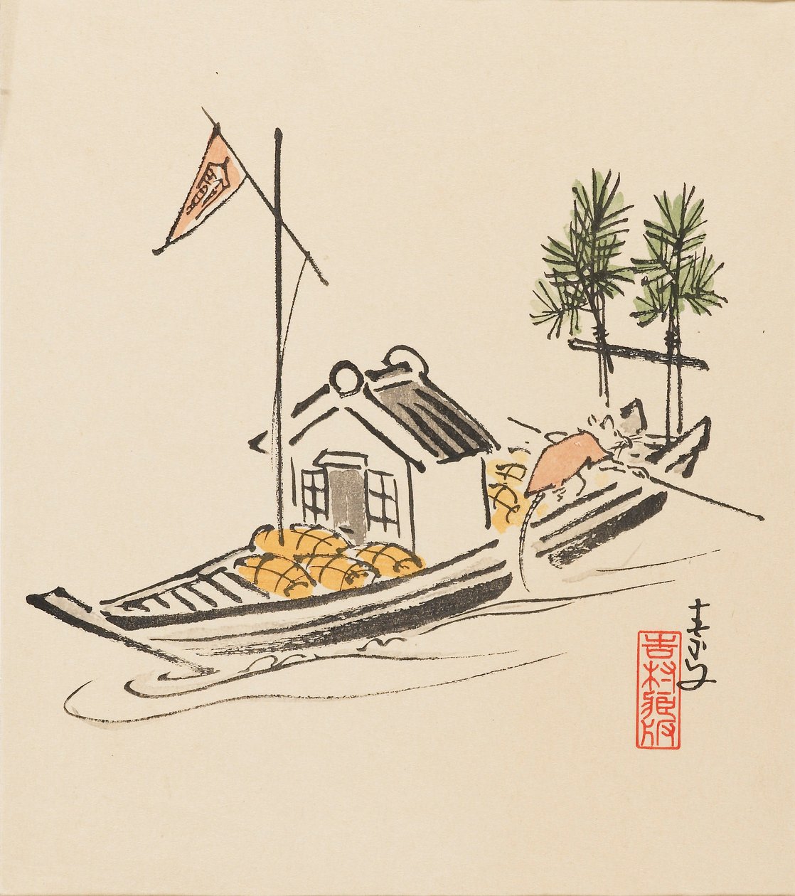 Gravure sur bois - Takarabune dirigé par un rat - Morikawa Sobun