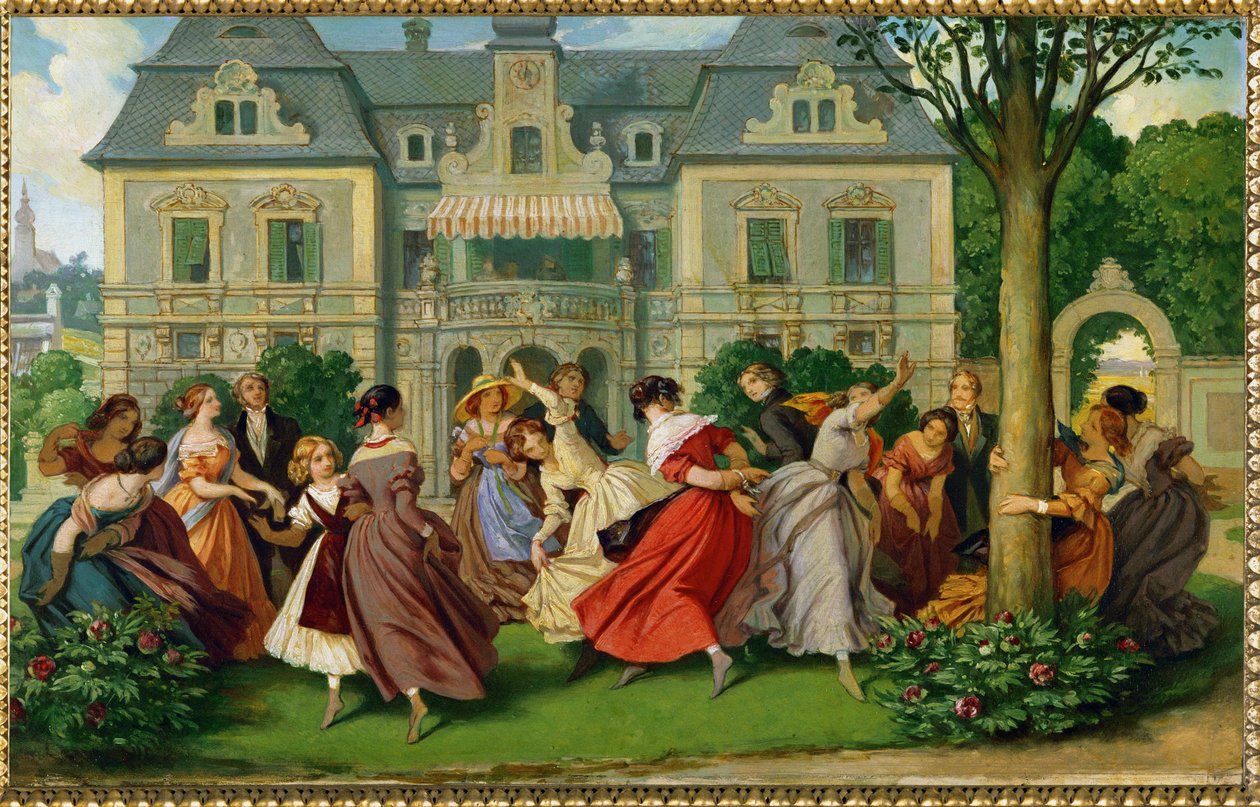 Jeux de société, un manoir en arrière-plan... (peinture à l