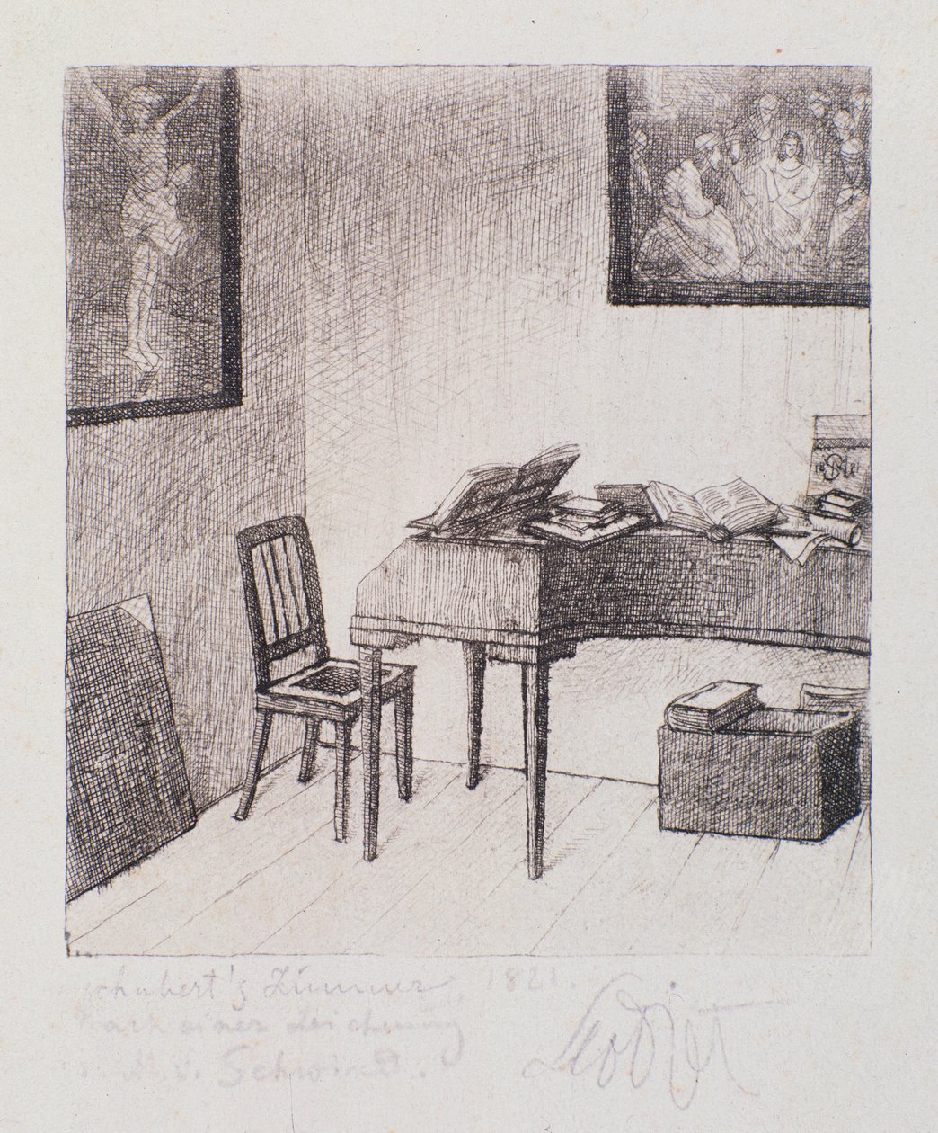 Vue de la chambre de Franz Schubert (gravure) - Moritz Ludwig von Schwind