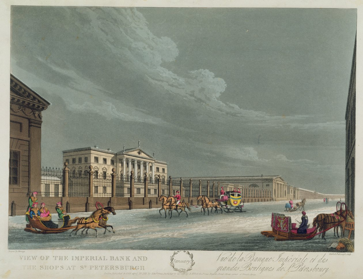 Vue de la Banque Impériale et des boutiques à Saint-Pétersbourg, illustration pour janvier de 