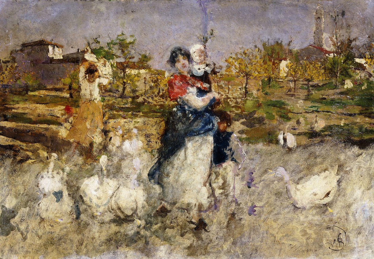 Une mère et un enfant avec des oies - Mose Bianchi