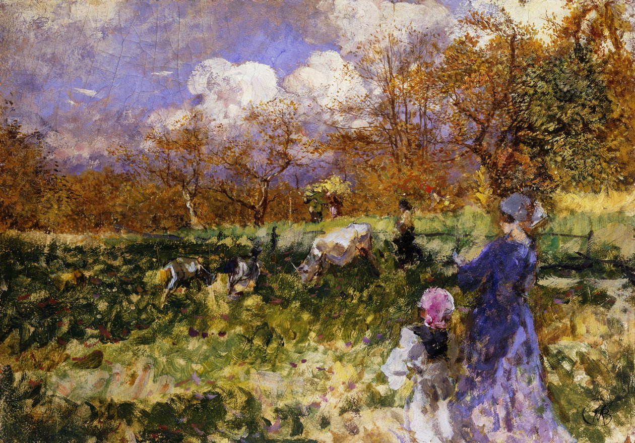 Dans le pré ; Femmes et enfants conduisant des chèvres - Mose Bianchi