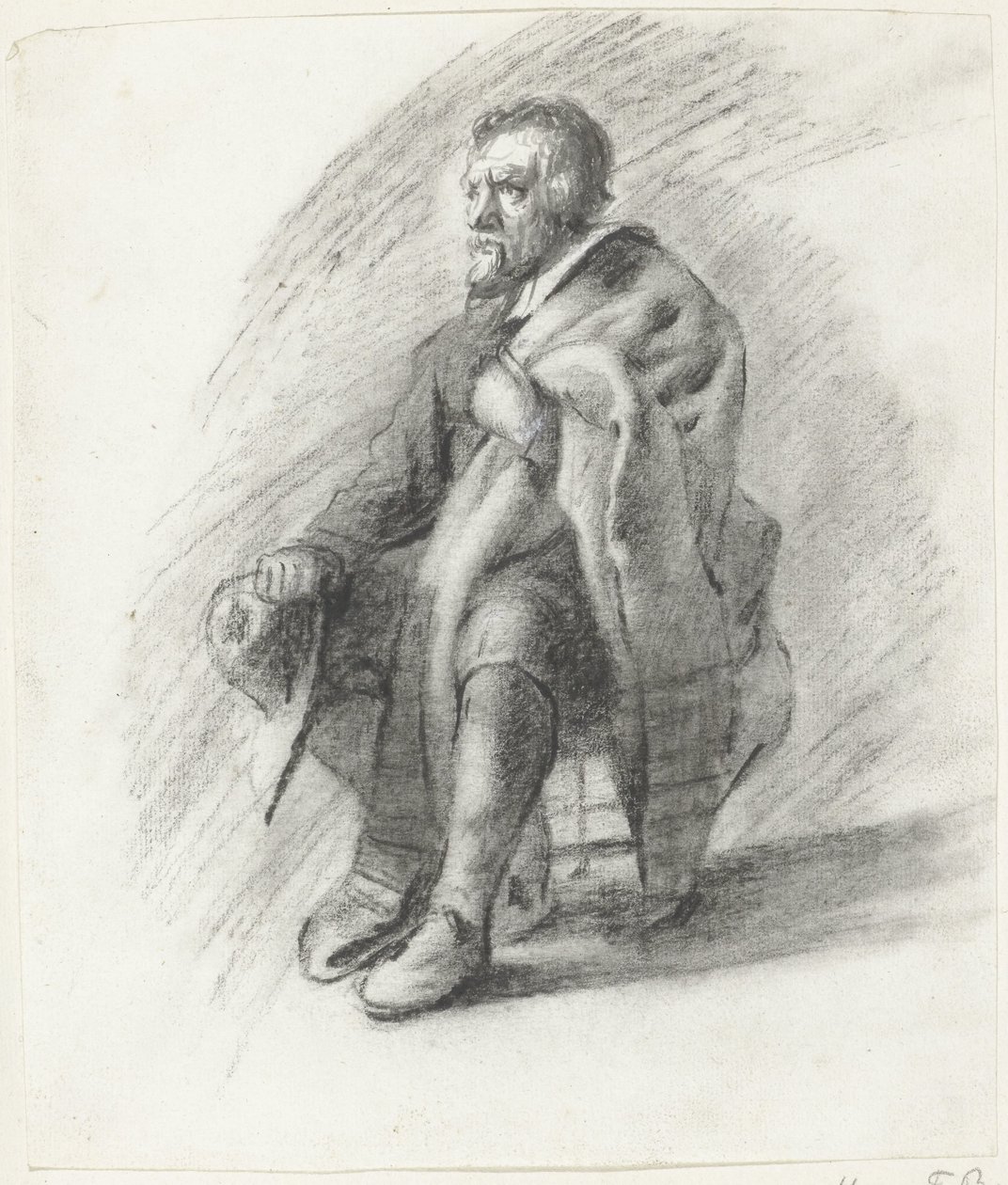 Homme barbu assis avec cape et chapeau - Moses Ter Borch