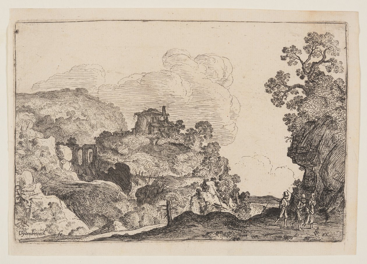 Paysage rocheux avec trois voyageurs - Moses van Uyttenbroeck