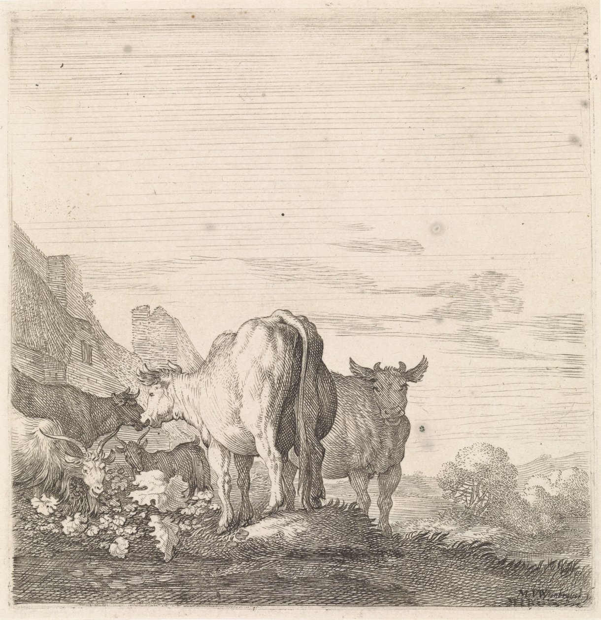 Vaches et chèvres dans un paysage avec maisons (Animaux à quatre pattes, série) - Moyses van Wtenbrouck