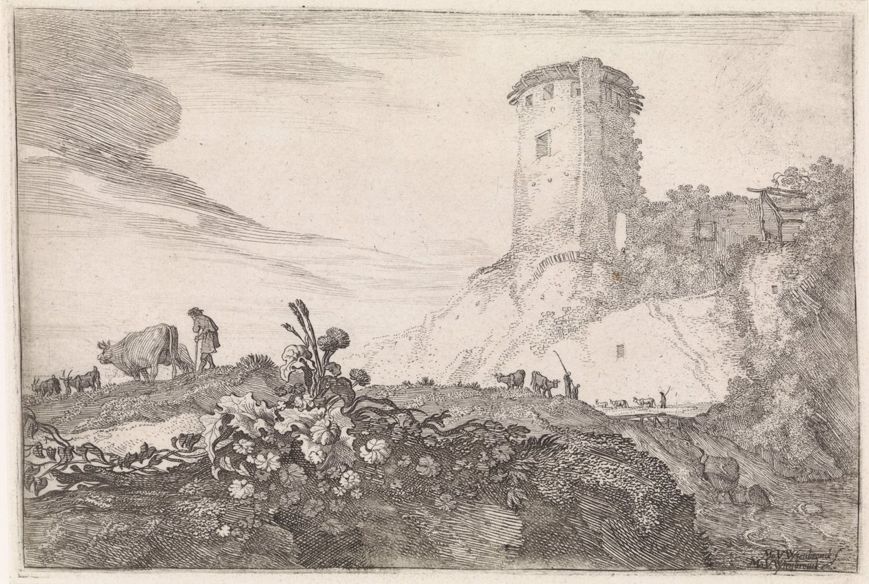 Paysage avec tour ronde (Arcadische landschappen, série) - Moyses van Wtenbrouck