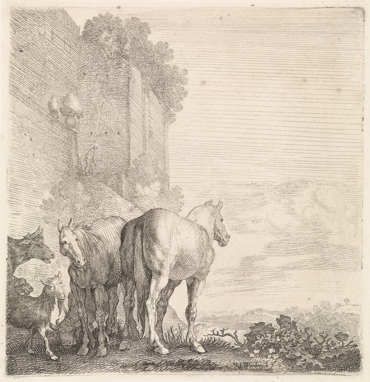 Deux chevaux avec des chèvres et une vache près d