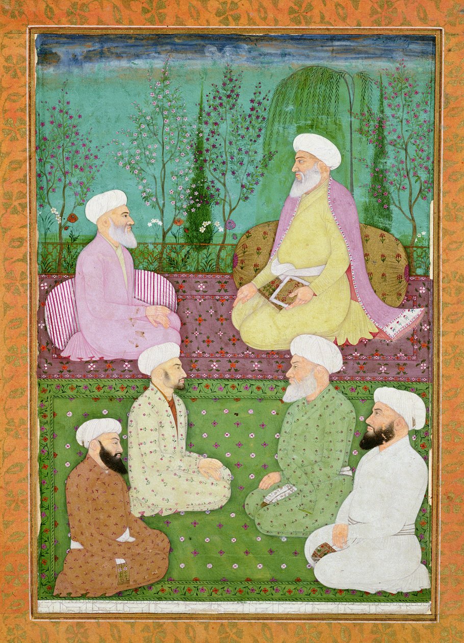 Six hommes saints musulmans assis sur une terrasse de jardin, de l