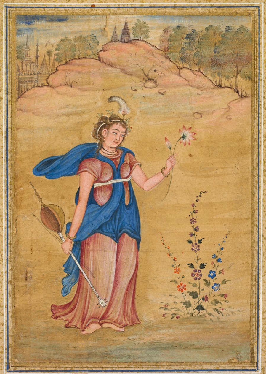 Une figure féminine debout dans un paysage tenant un khuuchir à quatre cordes et un lotus, vers 1590 (aquarelle opaque avec or sur papier) - Mughal School