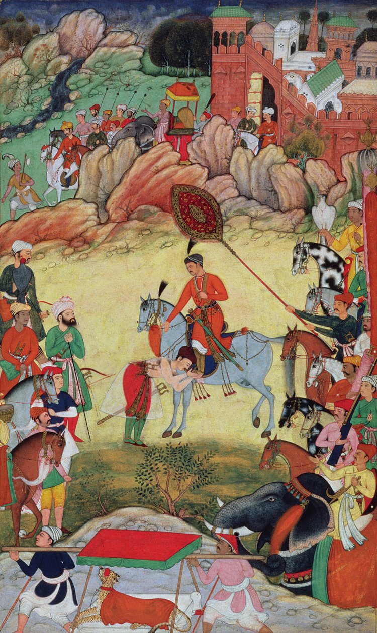 Adham Khan rendant hommage à Akbar à Sarangpur, Inde centrale, en 1560 ou 1561, de l