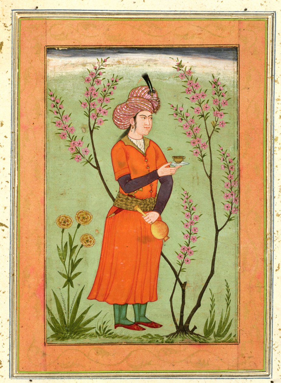 Figure princière iranienne tenant une coupe et une flasque, vers 1640, de l