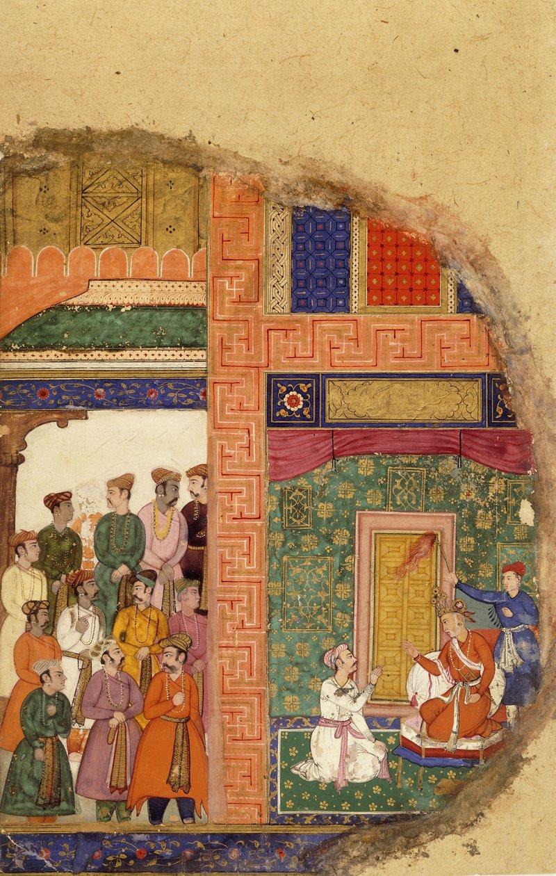 Le roi Dasaratha conversant avec le prêtre de la famille au sujet de la régence de Rama dans le palais, tandis que les courtisans et les ministres attendent dans la cour, vers 1595 - Mughal School