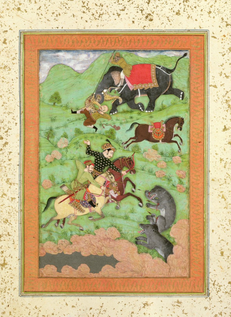Princes Rajput chassant des ours; un mahout et son éléphant sauvent un cavalier tombé d