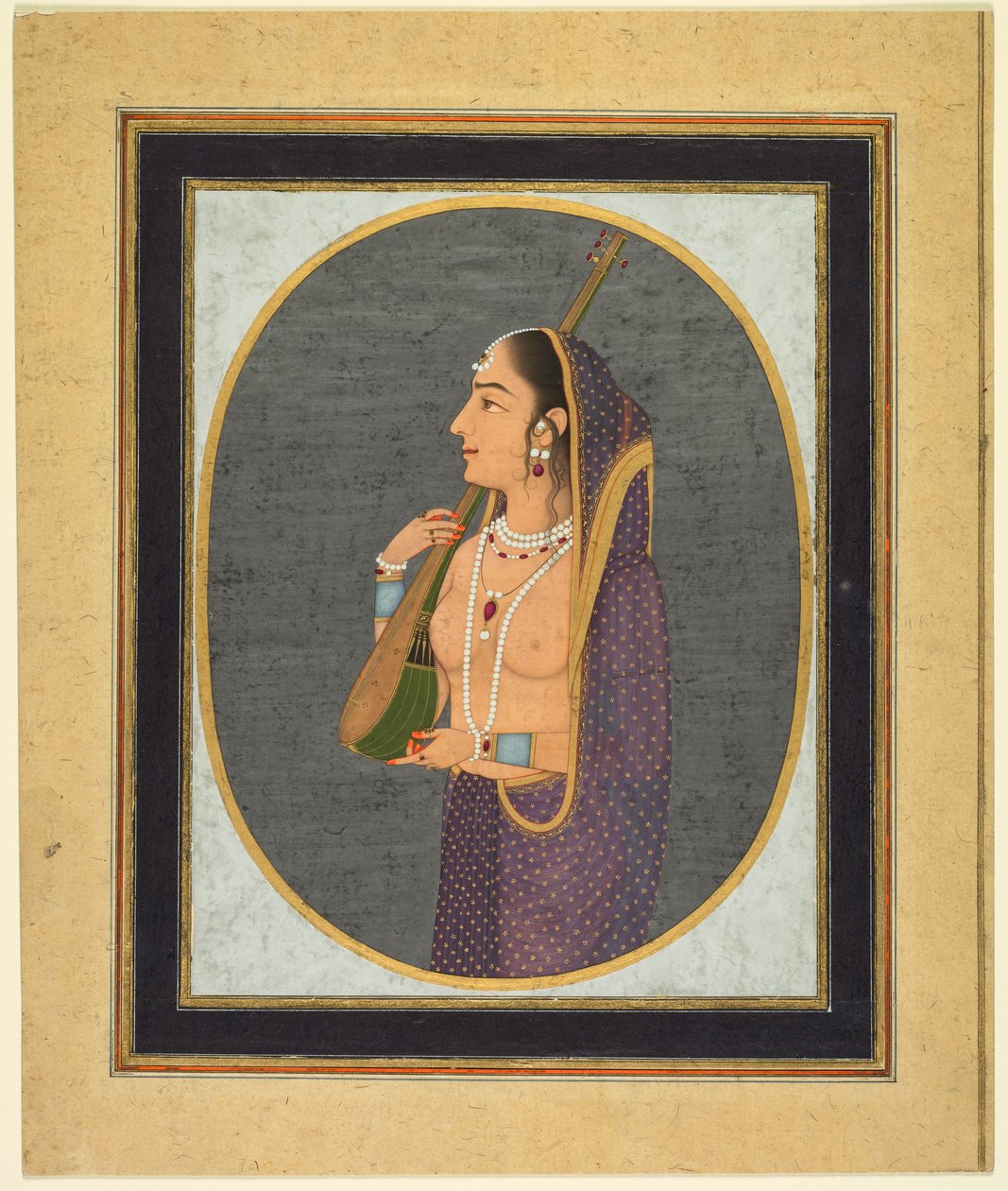 Dame de cour chantant et jouant de la vina, vers 1760 (aquarelle opaque, encre et or sur papier) - Muhammad Riza i Hindi