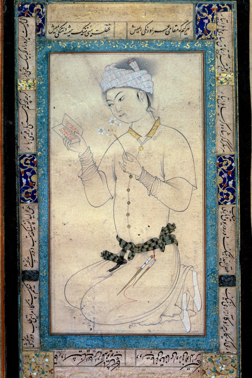 Jeune homme avec des livres et des narcisses. Miniature persane à la gouache de Muhammad Shaykh - Muhammad Shaykh