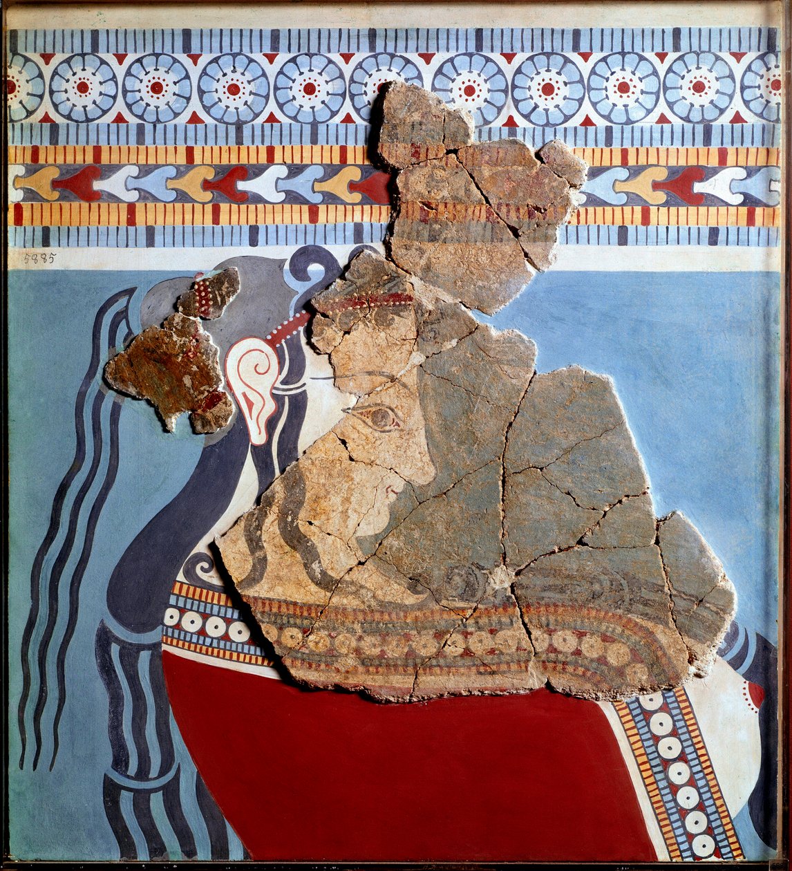 Art mycénien : buste féminin. Fragment de fresque du palais de Tirynthe et reconstitution - Mycenaean