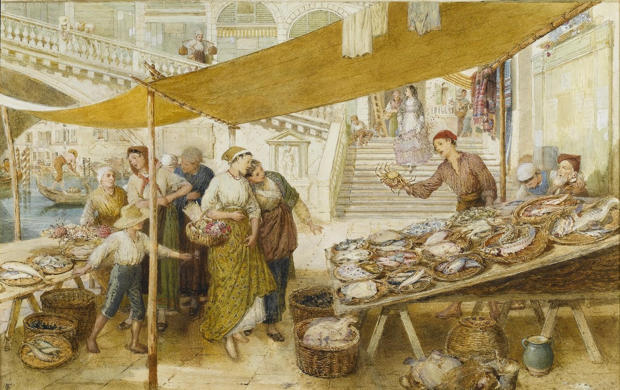 Le marché aux poissons sur les marches du pont du Rialto - Myles Birket Foster