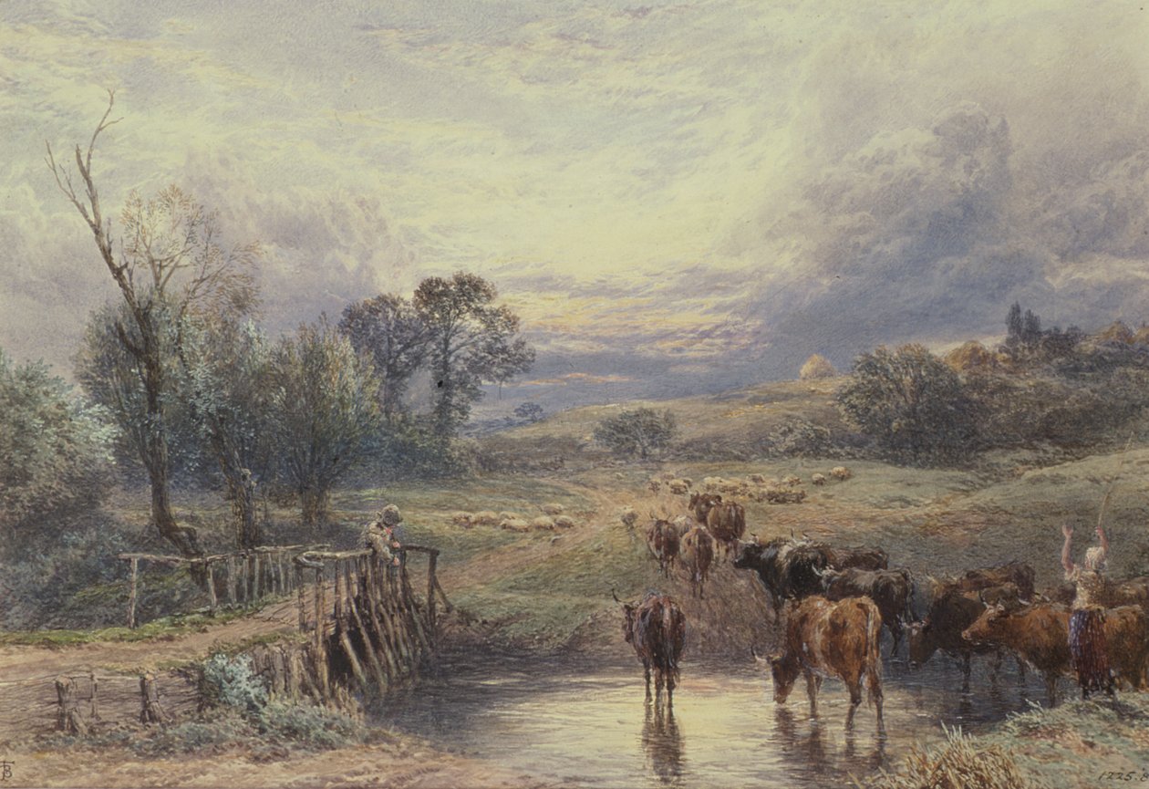 Paysage avec du bétail et un pont - Myles Birket Foster