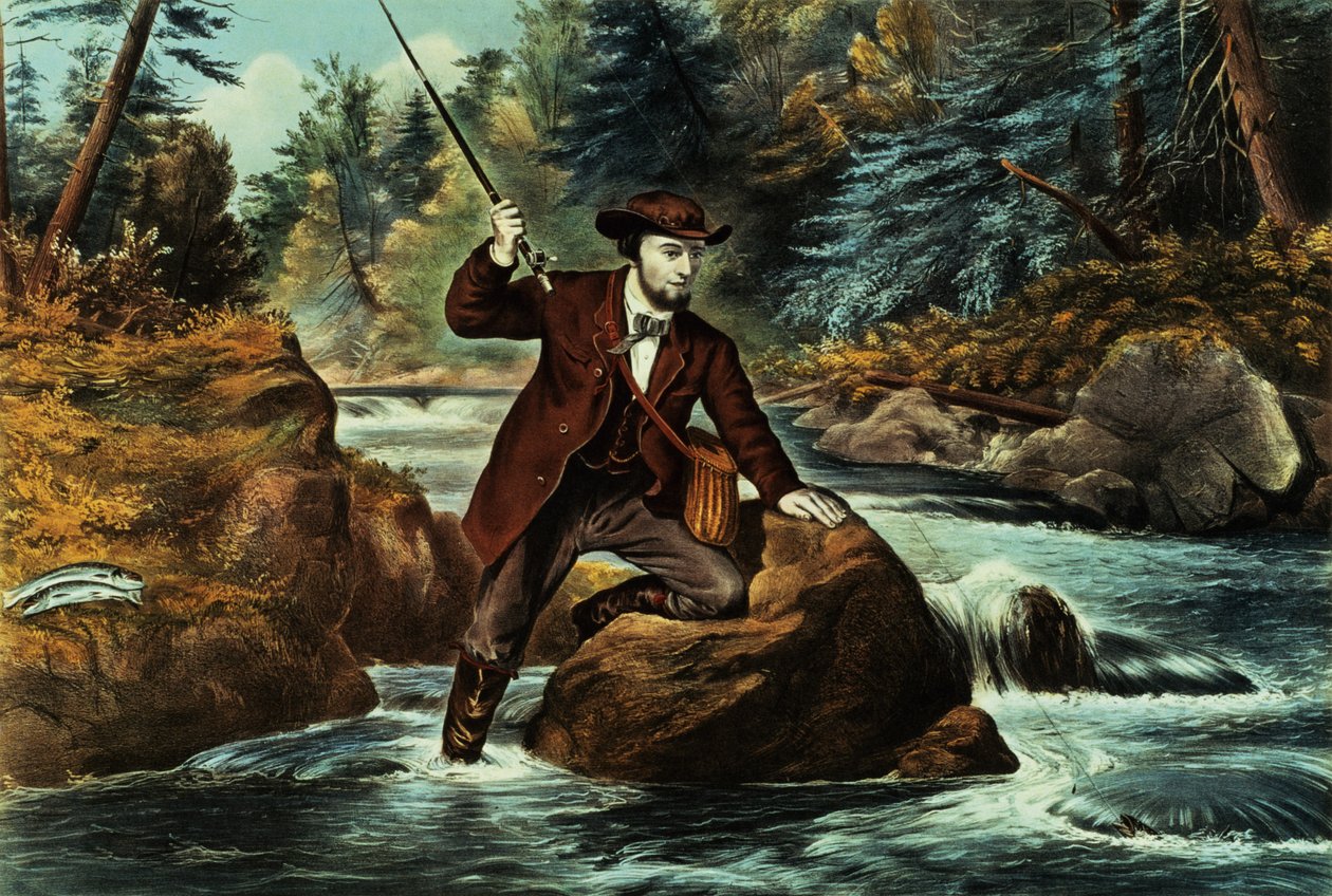 Pêche à la truite de ruisseau - Un moment anxieux, 1862 - N. and Ives, J.M. Currier