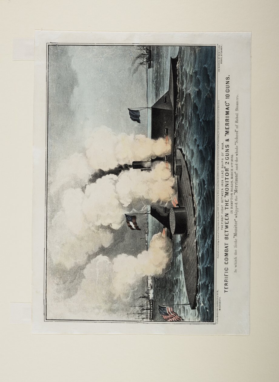 Combat terrible entre le Monitor deux canons et le Merrimac dix canons, vers 1862 - N. and Ives, J.M. Currier