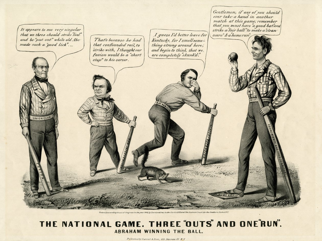 Le Jeu National : Trois retraits et une course, Abraham gagnant la balle, 1860 - N. and Ives, J.M. Currier