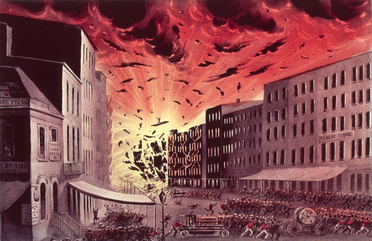 Vue de la terrible explosion lors du grand incendie de New York, 19 juillet 1845 (impression) - N. and Ives, J.M. Currier