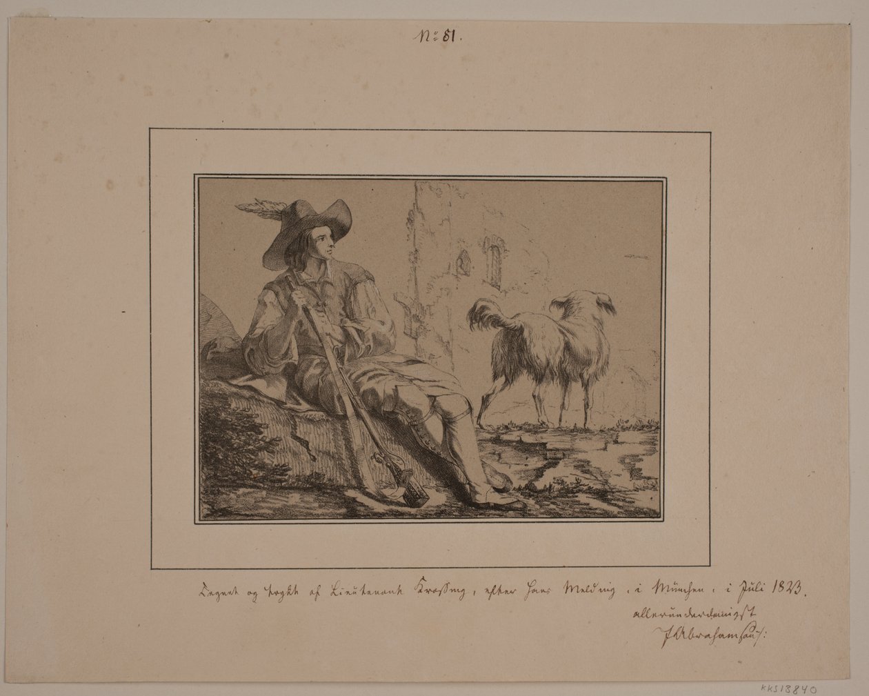 Chasseur assis et un chien - N.B. Krossing