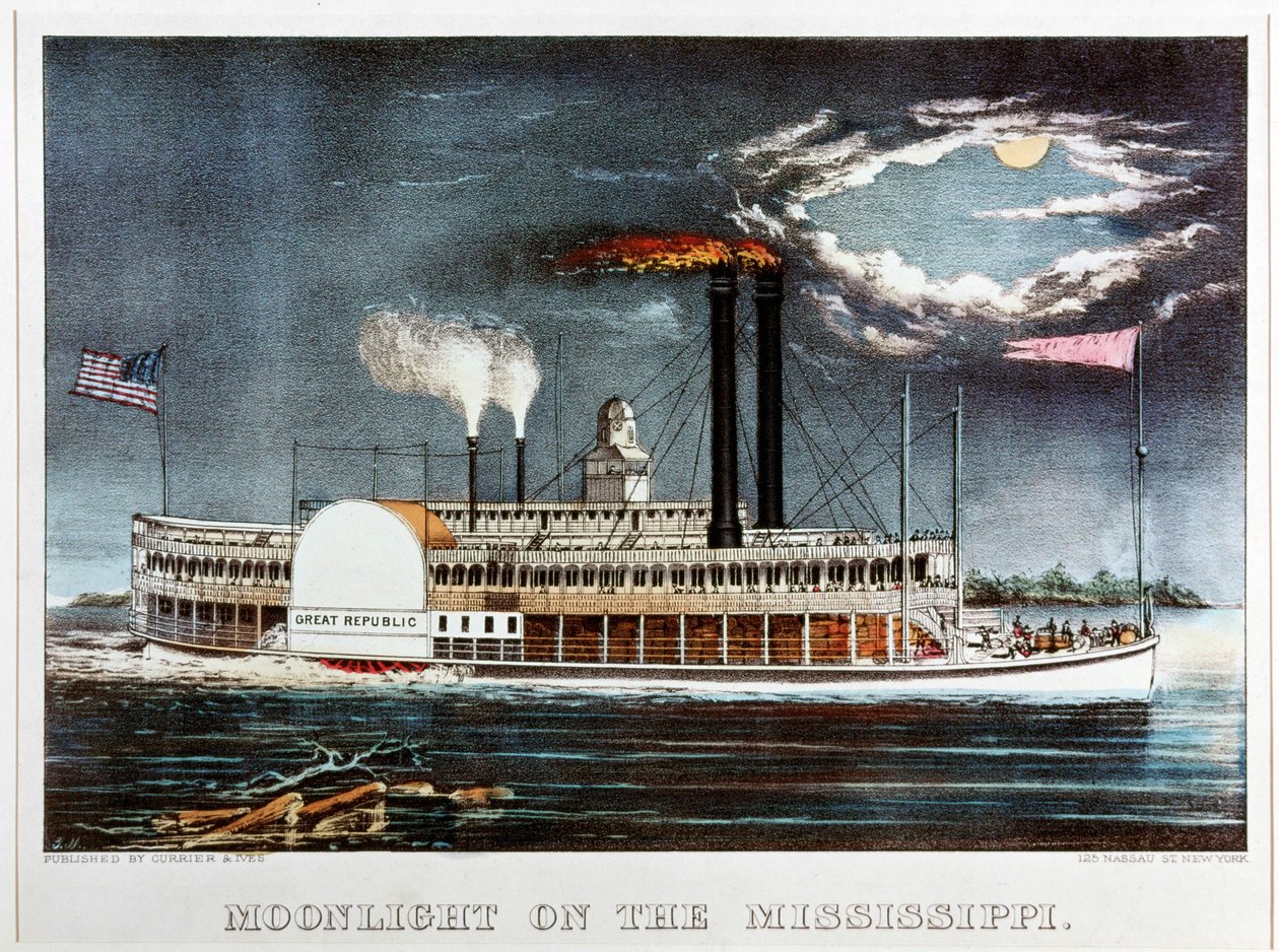 Le Mississippi au clair de lune, le bateau à vapeur Great Republic ... (épreuve coloriée) - N. and Ives J.M. (1824-95) Currier