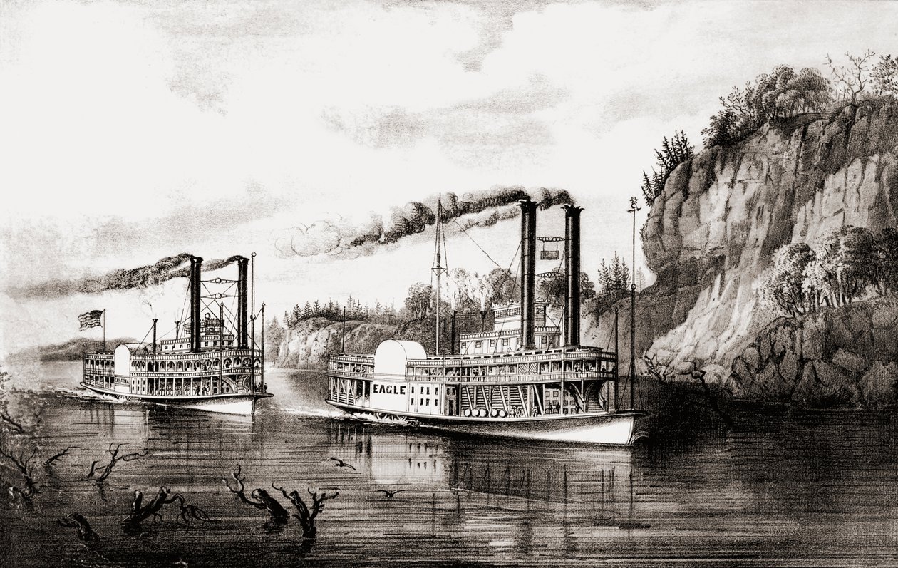 Bateaux à vapeur faisant la course sur le fleuve Mississippi, USA - N. and Ives J.M. Currier