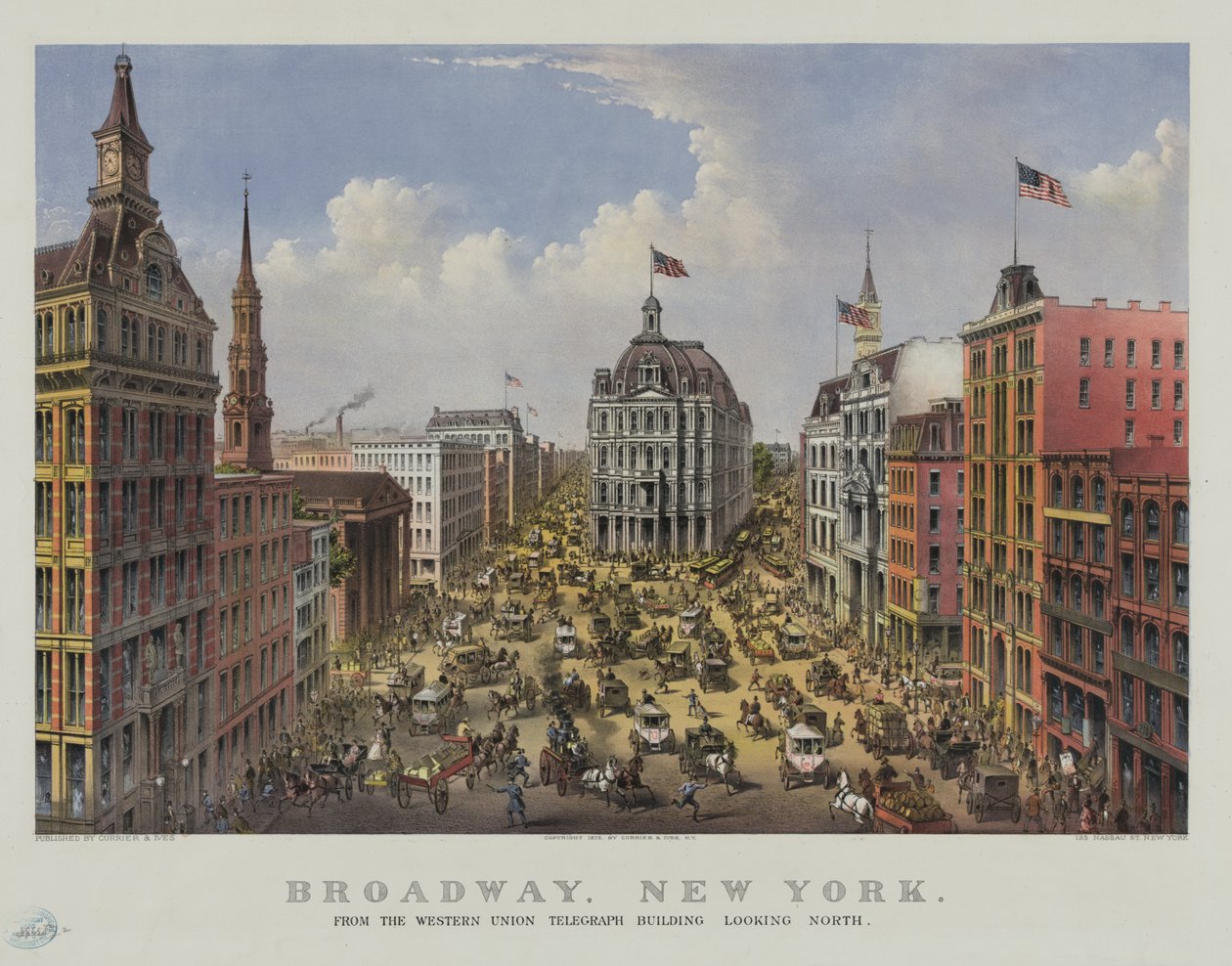 Broadway, New York depuis le bâtiment Western Union Telegraph regardant vers le nord - Currier and Ives
