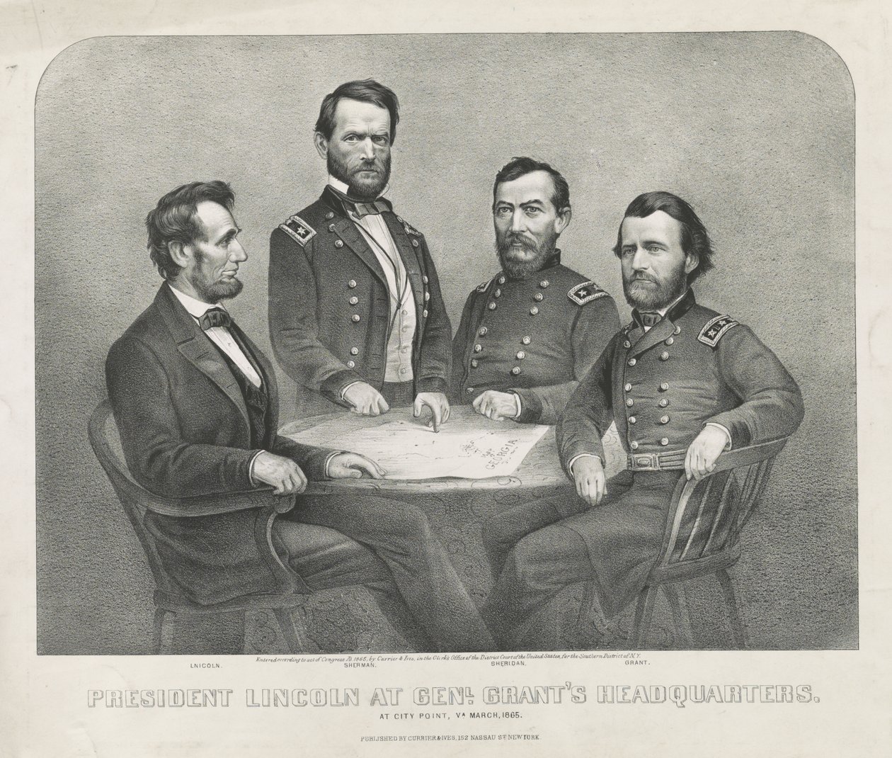 Le président Lincoln au quartier général du général Grant, vers 1865 - Currier and Ives