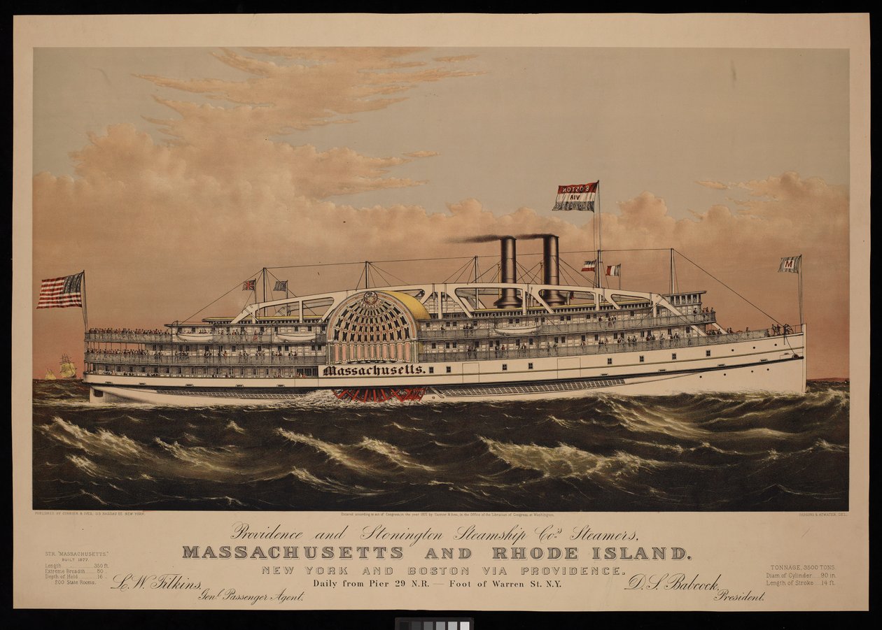 Steamers Massachusetts et Rhode Island de Providence et Stonington Co. New York et Boston via Providence. Quotidiennement depuis le quai 29 N.R. - au pied de Warren St. N.Y. - N. and Ives J.M. (1824 95) Currier