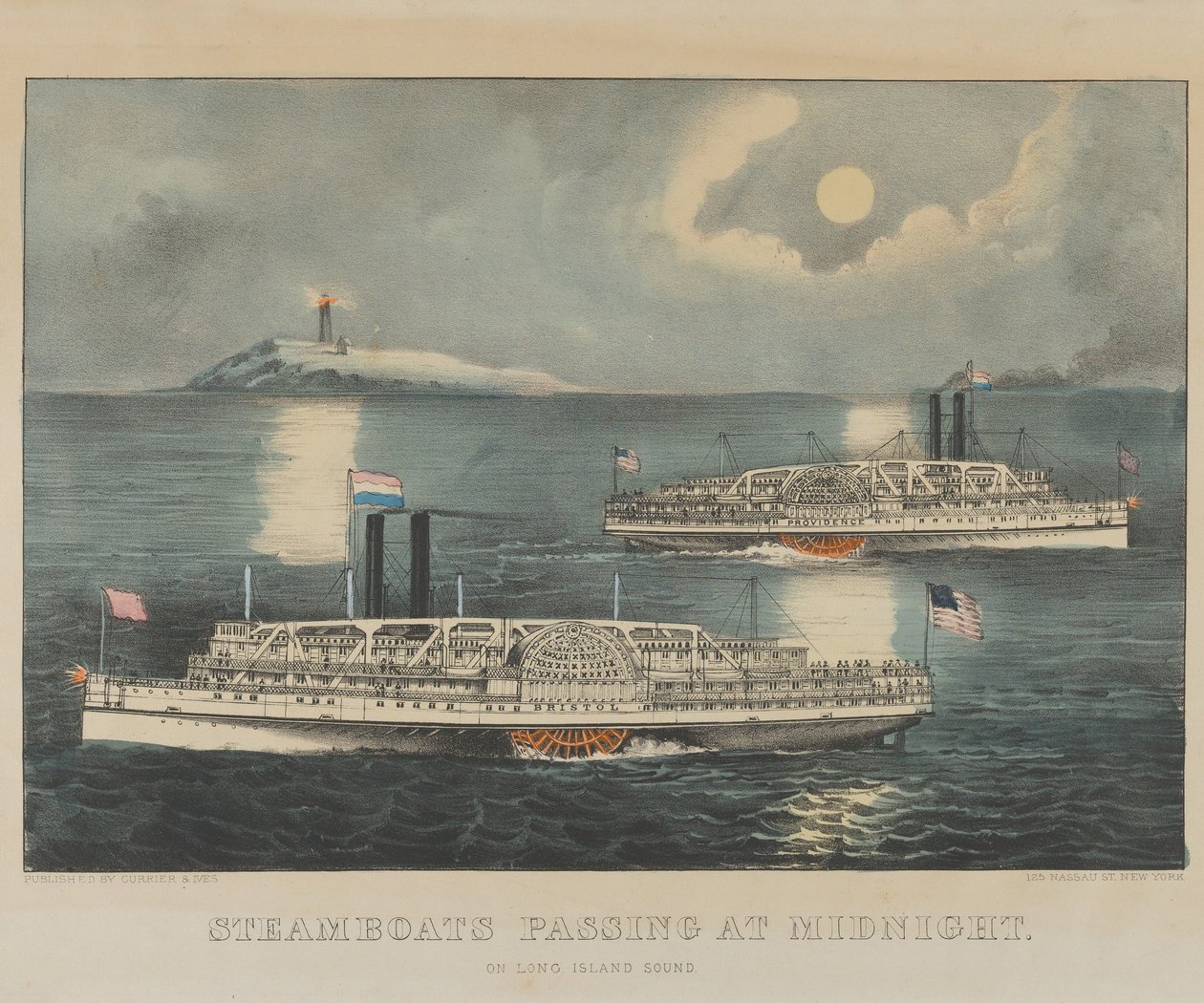 Bateaux à vapeur passant à minuit sur le Long Island Sound - Currier and Ives