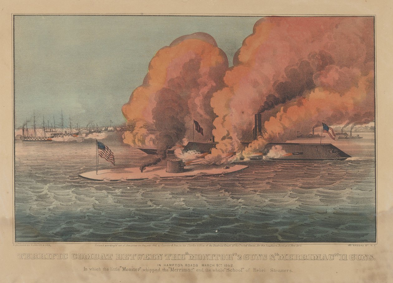Combat terrible entre le "Monitor" 2 canons et le "Merrimac" 11 canons à Hampton Roads le 9 mars 1862 (lithographie colorée à la main) - Currier and Ives