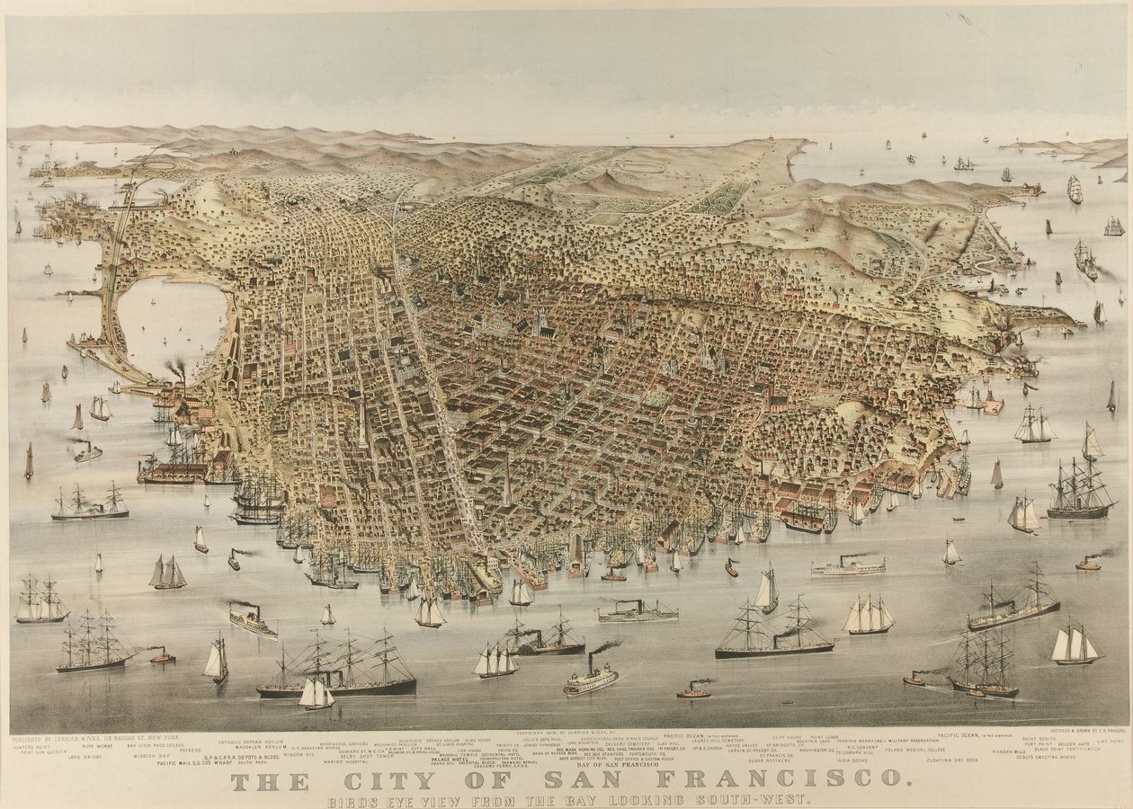 La ville de San Francisco - Vue aérienne de la baie, regardant vers le sud-ouest - Currier and Ives