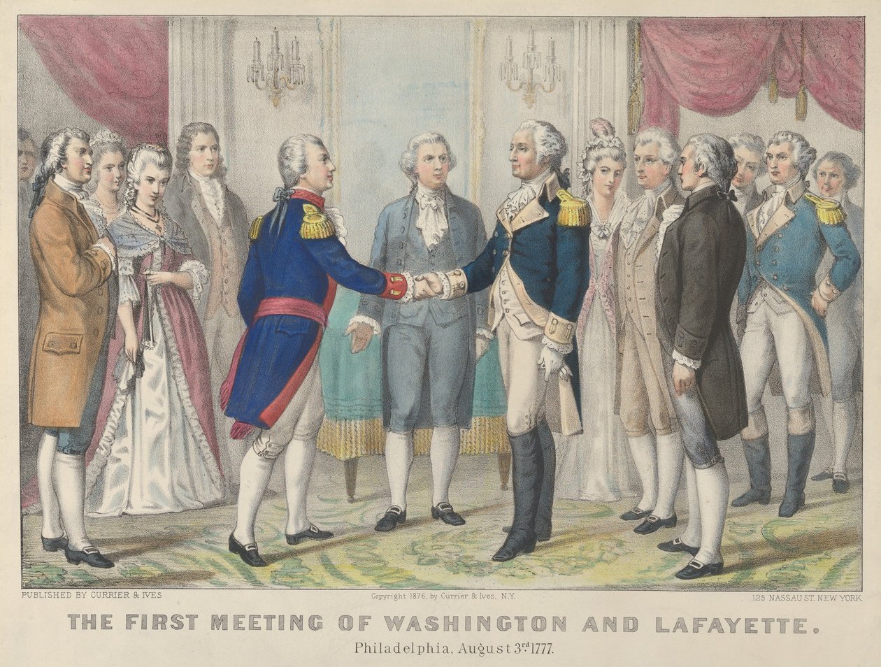La première rencontre de Washington et Lafayette à Philadelphie, le 3 août 1777 - Currier and Ives