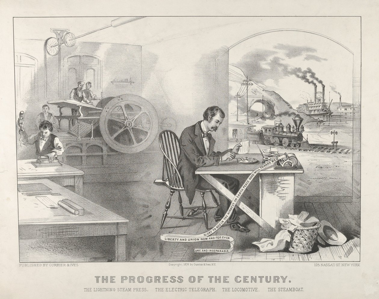 Le progrès du siècle : la presse à vapeur éclair, le télégraphe électrique, la locomotive, le bateau à vapeur - Currier and Ives
