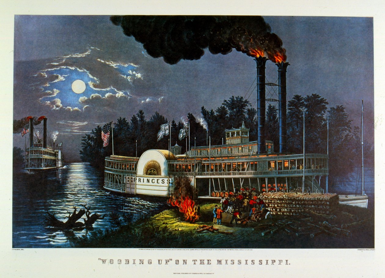 « Wooding up on the Mississippi ». 1863 - N. and Ives J.M. (1824-95) Currier