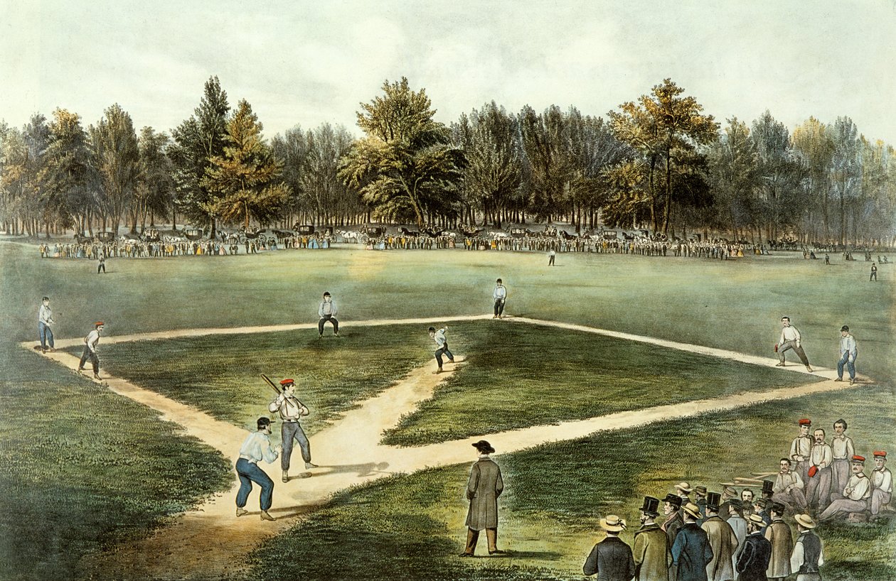 Le jeu national américain de baseball - Grand match aux Elysian Fields, Hoboken, NJ, 1866 - N. and Ives, J.M. Currier