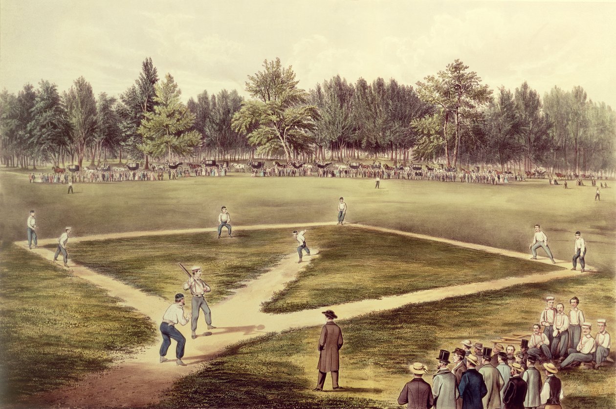 Le Jeu National Américain de Baseball - Grand Match aux Champs Élysées, Hoboken, NJ, 1866 - N. and Ives, J.M. Currier