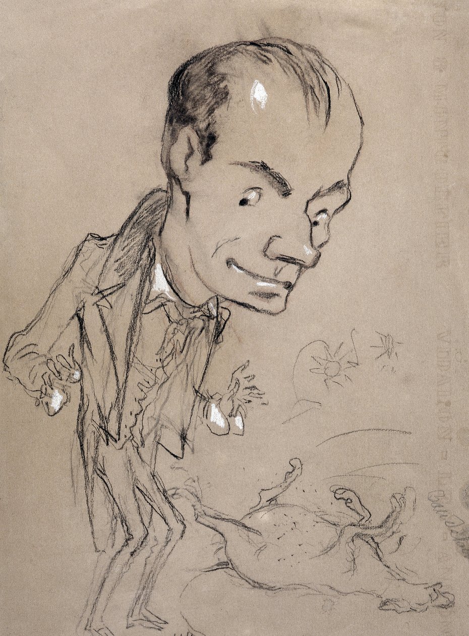 Baudelaire étonné devant un cheval mort et sur son dos. Représentation de Charles Baudelaire poète français (1821-1867) - Nadar