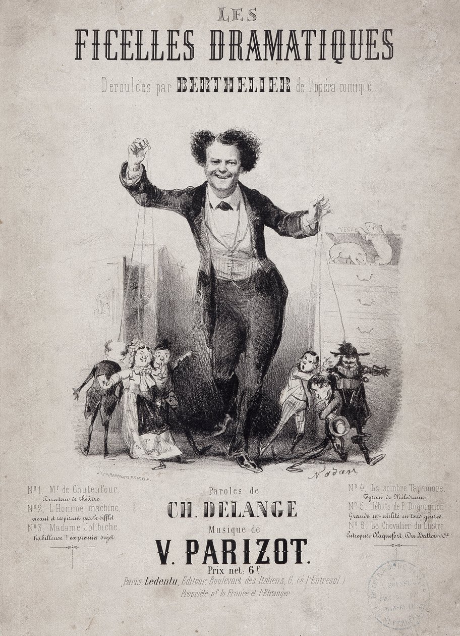 Portrait de Jean Berthelier (1830-1888) tenant les fils de marionnettes. Album « Les Ficelles Dramatiques déroulées par Berthelier de l