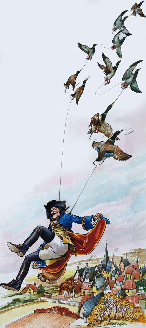 Le baron de Munchausen emporté par des canards (gouache sur papier) - Nadir Quinto