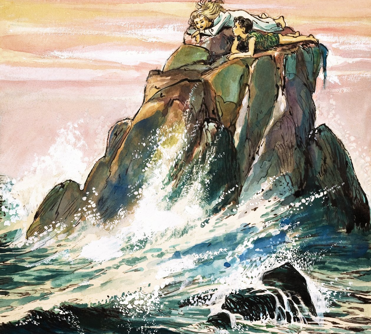 Peter Pan et Wendy Darling sur un rocher, illustration de "Peter Pan" de J.M. Barrie (gouache sur papier) - Nadir Quinto