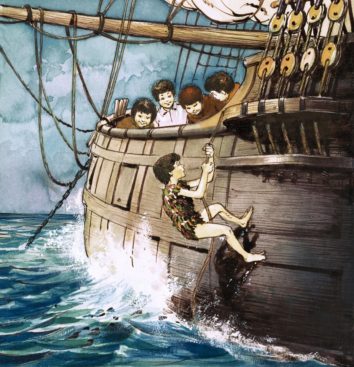 Peter Pan grimpant à bord, illustration de "Peter Pan" de J.M. Barrie (gouache sur papier) - Nadir Quinto